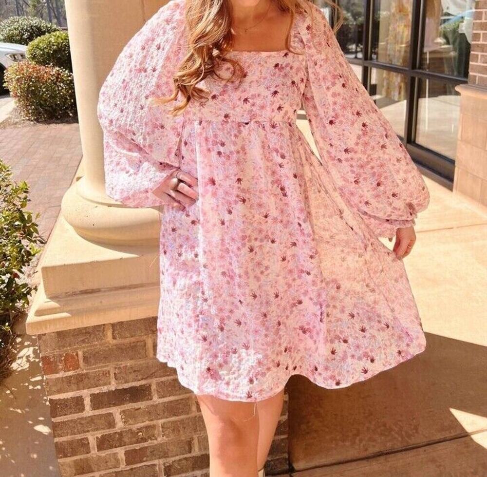 Lucy Paris NWT Pink Maeve Floral Long Sleeve Tie Back Mini Dress Size M